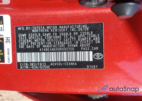 2009 Toyota Camry Le z USA, uszkodzony, nr VIN 4T4BE46K09R092356